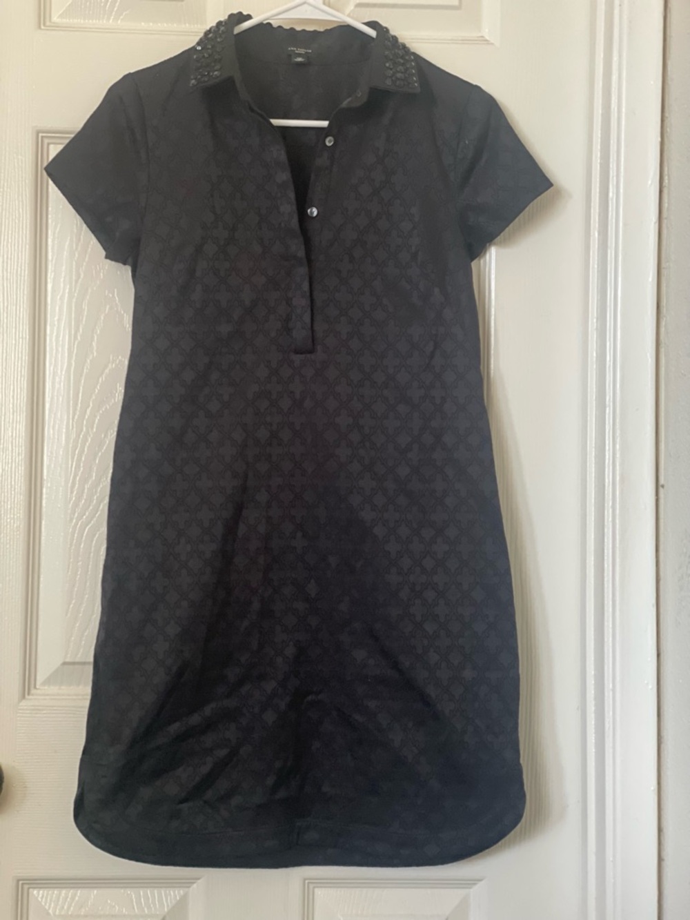 Ann Taylor Petite Black Jacquard Polo Dress with Studded Collar